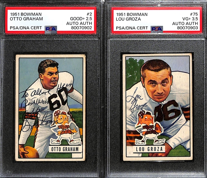 (2) Signed 1951 Bowman Football Cards - Otto Graham (PSA 2.5) & Lou Groza (PSA 3.5) - Autographs Graded Authentic