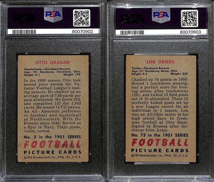 (2) Signed 1951 Bowman Football Cards - Otto Graham (PSA 2.5) & Lou Groza (PSA 3.5) - Autographs Graded Authentic