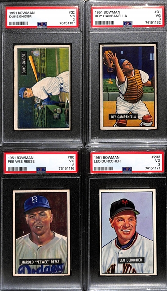 (4) 1951 Bowman Cards (All Graded PSA 3) - Duke Snider, Roy Campanella, Pee Wee Reese, Leo Durocher