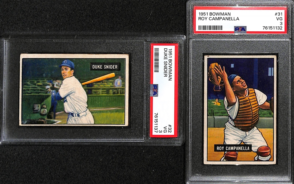 (4) 1951 Bowman Cards (All Graded PSA 3) - Duke Snider, Roy Campanella, Pee Wee Reese, Leo Durocher