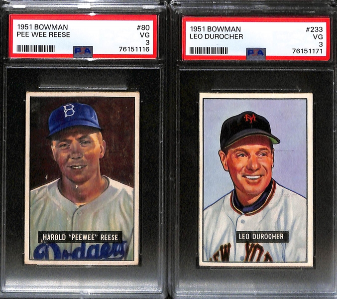 (4) 1951 Bowman Cards (All Graded PSA 3) - Duke Snider, Roy Campanella, Pee Wee Reese, Leo Durocher