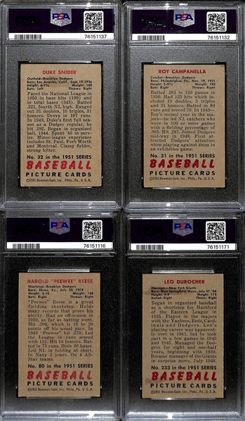 (4) 1951 Bowman Cards (All Graded PSA 3) - Duke Snider, Roy Campanella, Pee Wee Reese, Leo Durocher