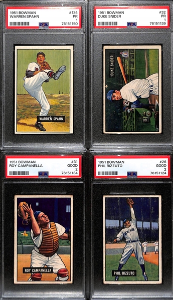 (4) 1951 Bowman Cards (All Graded PSA 2) - Warren Spahn, Duke Snider, Roy Campanella, Phil Rizzuto