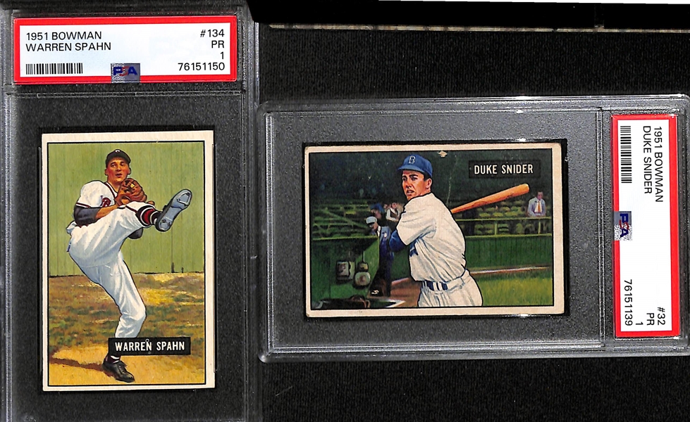 (4) 1951 Bowman Cards (All Graded PSA 2) - Warren Spahn, Duke Snider, Roy Campanella, Phil Rizzuto