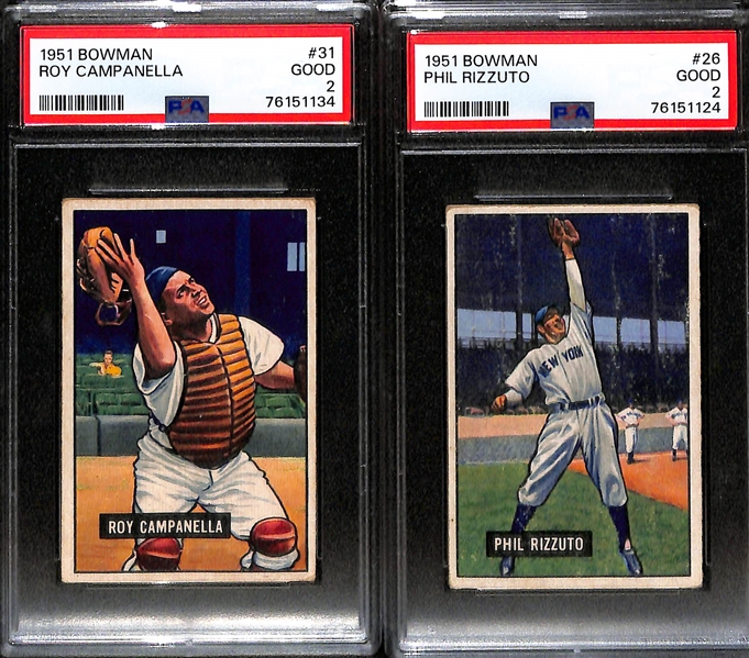 (4) 1951 Bowman Cards (All Graded PSA 2) - Warren Spahn, Duke Snider, Roy Campanella, Phil Rizzuto