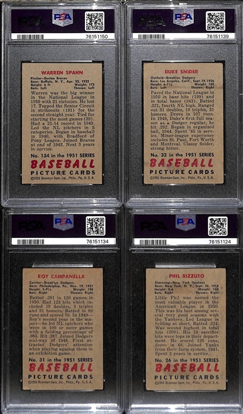 (4) 1951 Bowman Cards (All Graded PSA 2) - Warren Spahn, Duke Snider, Roy Campanella, Phil Rizzuto