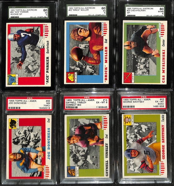 Lot of (6) Graded 1955 Topps All-American Cards w. #84 Ace Parker SGC 5