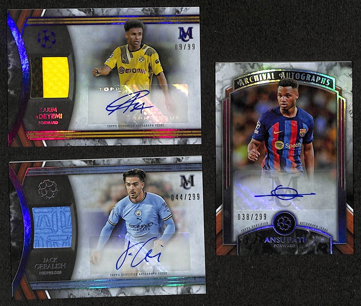 Lot of (17) 2022-23 Topps UEFA Soccer Museum Collection Autograph Cards inc. Karim Adeyemi Patch (#/99), Jack Grealish Patch (#/299), Ansu Fati (#/299), +