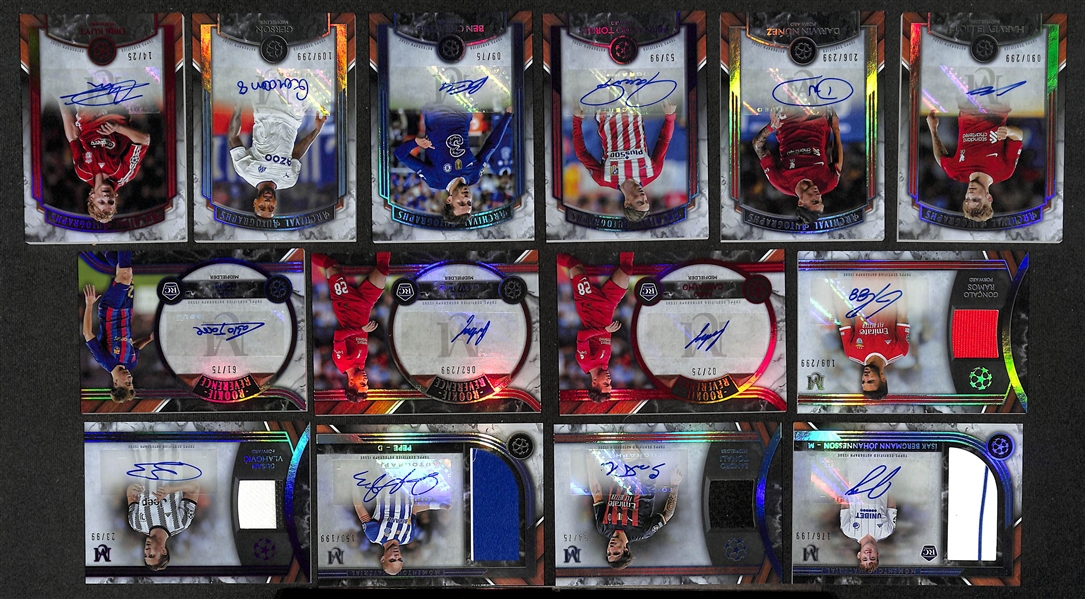 Lot of (17) 2022-23 Topps UEFA Soccer Museum Collection Autograph Cards inc. Karim Adeyemi Patch (#/99), Jack Grealish Patch (#/299), Ansu Fati (#/299), +