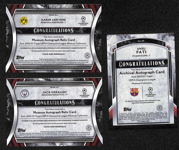 Lot of (17) 2022-23 Topps UEFA Soccer Museum Collection Autograph Cards inc. Karim Adeyemi Patch (#/99), Jack Grealish Patch (#/299), Ansu Fati (#/299), +