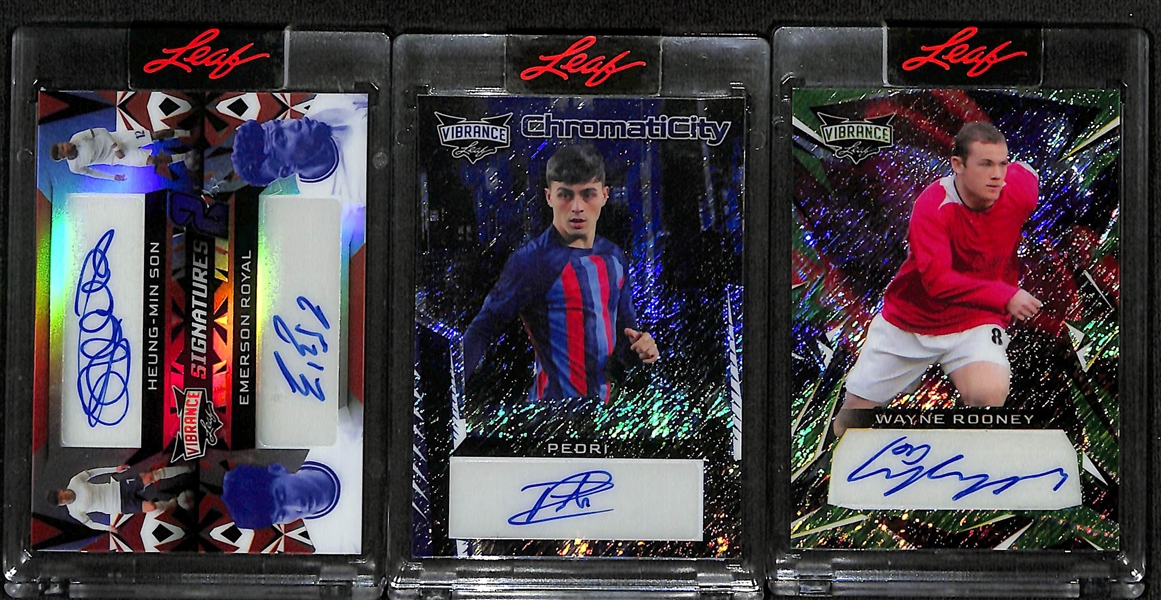 Lot of (3) Leaf Vibrance Soccer Autographs inc. Heung-Min Son/ Emerson Royal Dual (#/6), Pedri (#/8), Wayne Rooney (#/7)