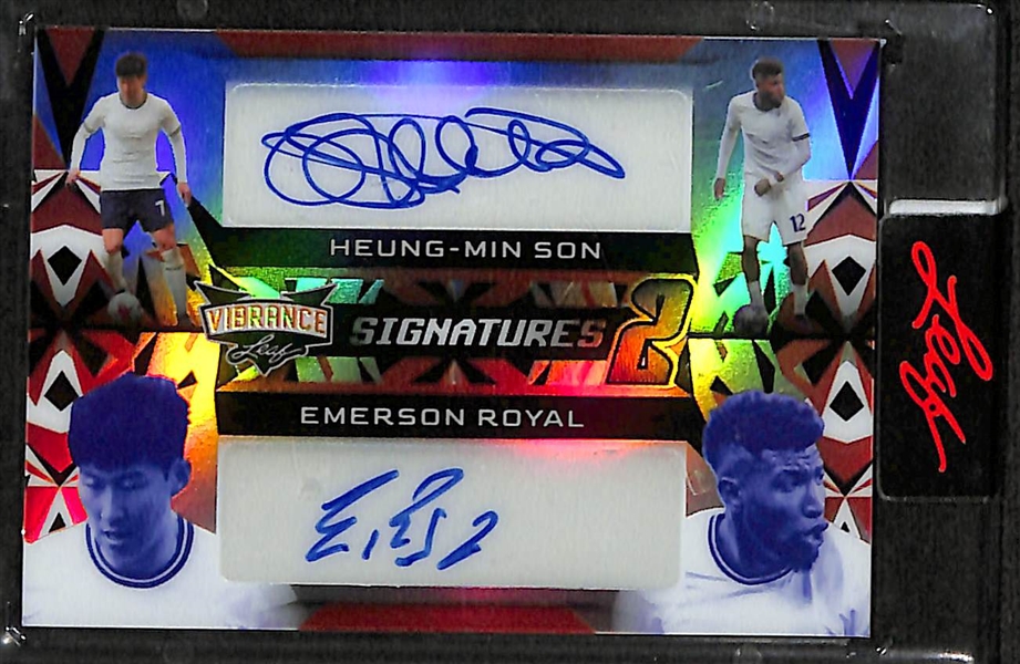 Lot of (3) Leaf Vibrance Soccer Autographs inc. Heung-Min Son/ Emerson Royal Dual (#/6), Pedri (#/8), Wayne Rooney (#/7)