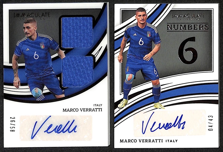 Lot of (8) 2022-23 Immaculate Soccer Autographs inc (2) Marco Verratti w/ (1) Patch Autograph 