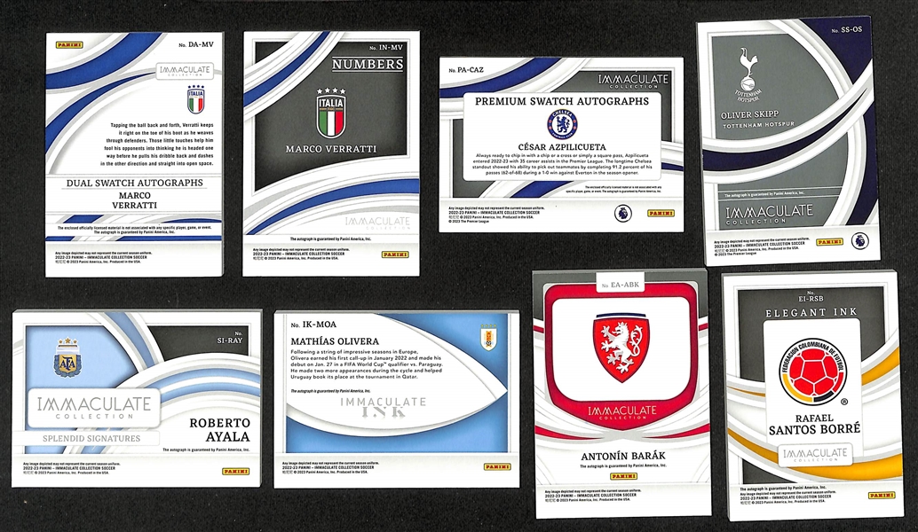 Lot of (8) 2022-23 Immaculate Soccer Autographs inc (2) Marco Verratti w/ (1) Patch Autograph 