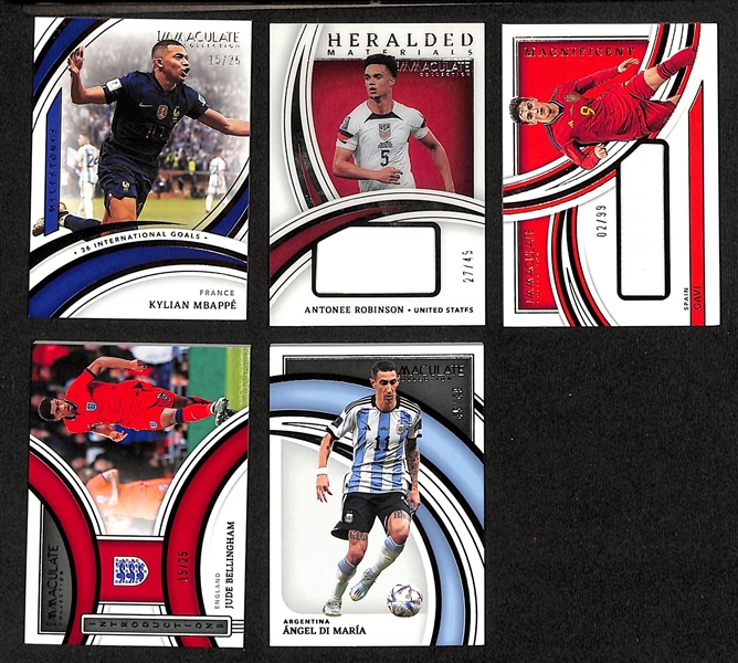 Lot of (18) 2022-23 Immaculate Soccer Cards inc 10 Relic Cards ex. Kylian Mbappe, Antonee Robinson, Gavi, +