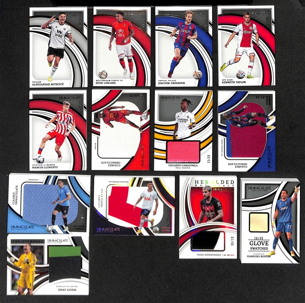 Lot of (18) 2022-23 Immaculate Soccer Cards inc 10 Relic Cards ex. Kylian Mbappe, Antonee Robinson, Gavi, +