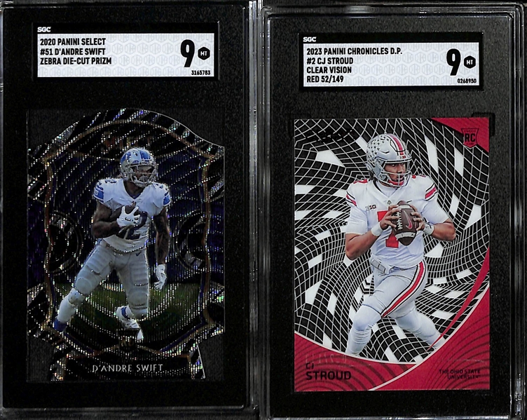 Lot of (8) Mostly SGC Graded NFL Rookie Cards inc D'Andre Swift Select Zebra Die Cut Rookie (SGC 9), CJ Stroud Clear Vision Rookie Red (#/149) (SGC 9), +