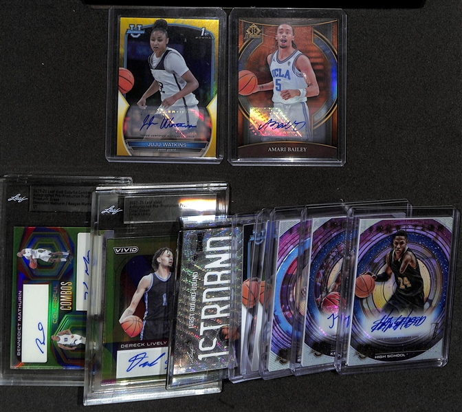 Lot of (14) Basketball Rookie Mostly Autograph Cards inc. Bowman Chrome Invicta Amari Bailey Orange (#/25), Bowman Chrome JuJu Watkins Yellow (#/75),  +