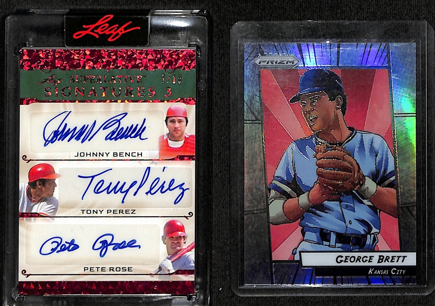 Lot of (2) Short Print Hall of Fame Baseball Player Cards- Leaf Superlative Johnny Bench/Tony Perez/Pete Rose Triple Autograph (#/10), 2023 Prizm George Brett Manga (Case Hit)