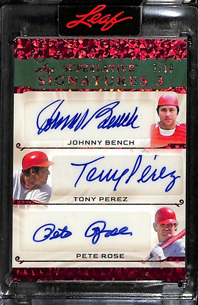 Lot of (2) Short Print Hall of Fame Baseball Player Cards- Leaf Superlative Johnny Bench/Tony Perez/Pete Rose Triple Autograph (#/10), 2023 Prizm George Brett Manga (Case Hit)