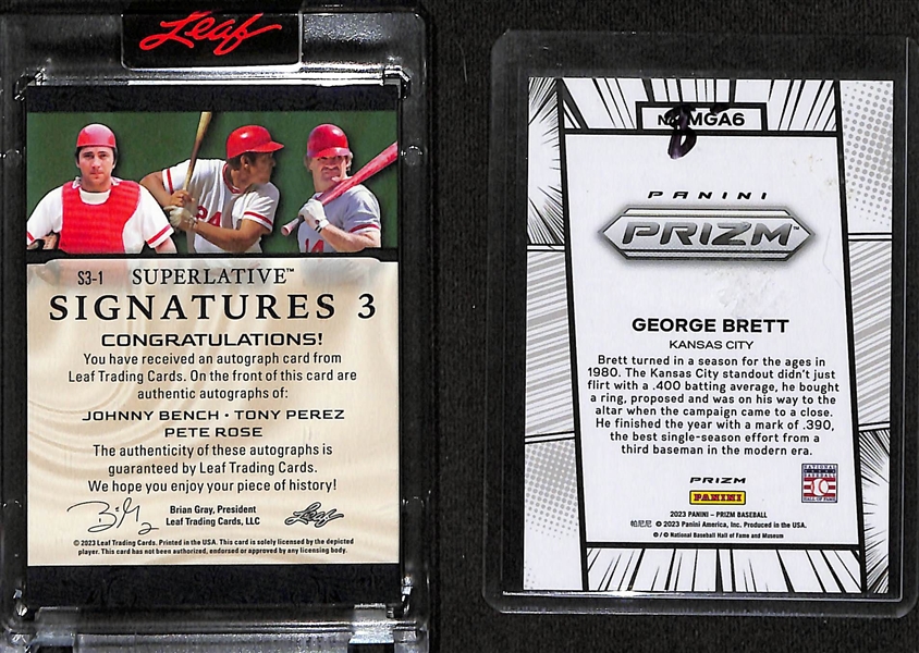 Lot of (2) Short Print Hall of Fame Baseball Player Cards- Leaf Superlative Johnny Bench/Tony Perez/Pete Rose Triple Autograph (#/10), 2023 Prizm George Brett Manga (Case Hit)