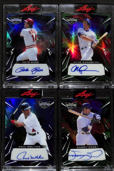 Lot of (4) 2023 Leaf Vibrance Superstar Baseball Autographs inc. Pete Rose (#/3), Ryne Sandberg (#/12), Paul Molitor (#/25), Sammy Sosa (#/20)