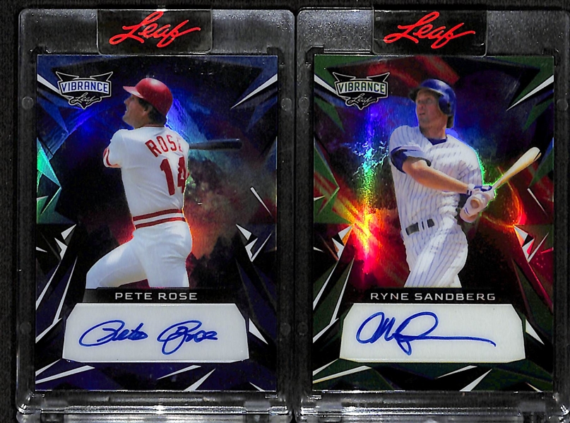 Lot of (4) 2023 Leaf Vibrance Superstar Baseball Autographs inc. Pete Rose (#/3), Ryne Sandberg (#/12), Paul Molitor (#/25), Sammy Sosa (#/20)