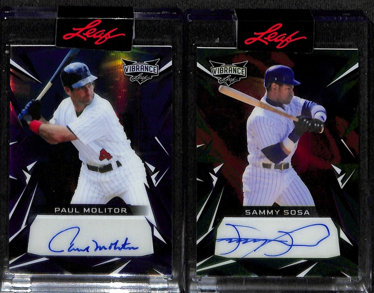 Lot of (4) 2023 Leaf Vibrance Superstar Baseball Autographs inc. Pete Rose (#/3), Ryne Sandberg (#/12), Paul Molitor (#/25), Sammy Sosa (#/20)