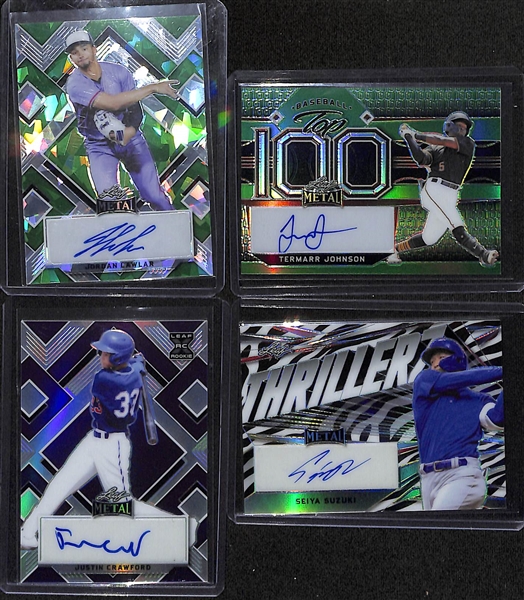 Lot of (11) 2022 Leaf Metal Baseball Rookie and Prospect Autographs inc. Jordan Lawlar (#/3), Temarr Johnson (#/1), Justin Crawford (#/7), Seiya Suzuki (#/5), +