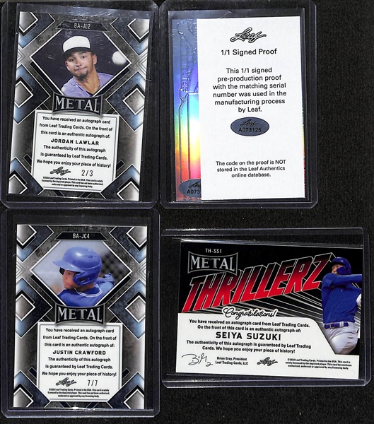 Lot of (11) 2022 Leaf Metal Baseball Rookie and Prospect Autographs inc. Jordan Lawlar (#/3), Temarr Johnson (#/1), Justin Crawford (#/7), Seiya Suzuki (#/5), +