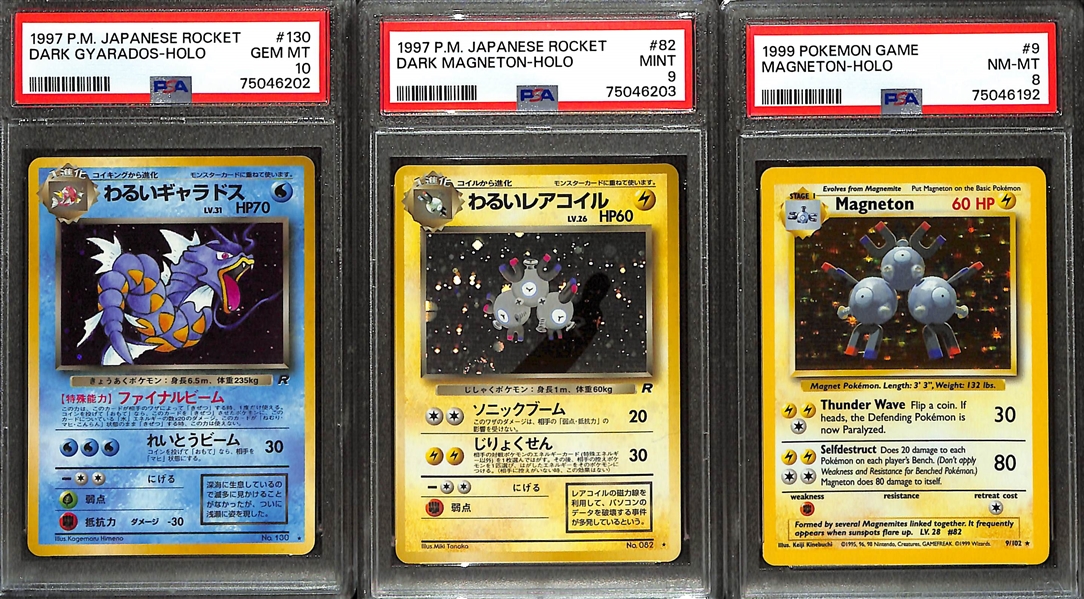 Lot of (3) PSA Graded 1990s Pokemon Cards inc. 1997 Japanese Dark Gyarados Holo (PSA 10),1997 Japanese Dark Magneton Holo (PSA 9), 1999 Base Set Magneton Holo (PSA 8) 