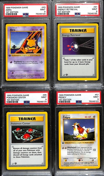 Lot of (4) 1999 1st Edition Base Set Shadowless Pokemon Cards All Graded PSA 9 inc. Abra, Energy Retrieval, Pokemon Center, Pidgey