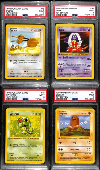 Lot of (4) 1999 1st Edition Base Set Shadowless Pokemon Cards All Graded PSA 9 inc. Doduo, Jynx, Caterpie, Diglett