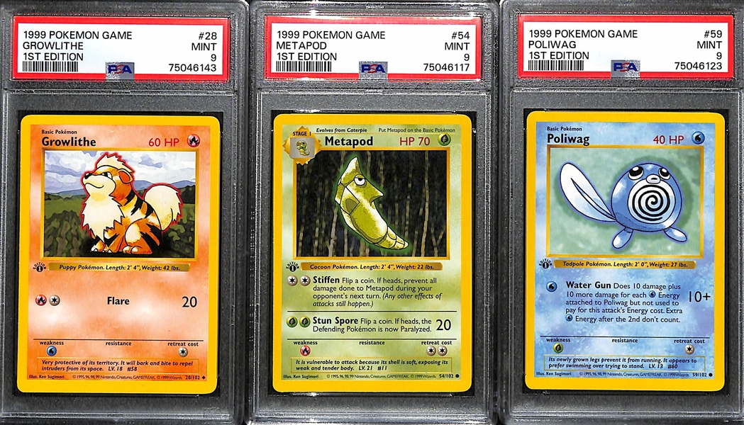 Lot of (3) 1999 1st Edition Base Set Shadowless Pokemon Cards All Graded PSA 9 inc. Growlithe, Metapod, Poliwag