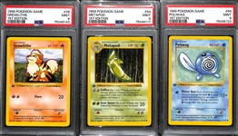 Lot of (3) 1999 1st Edition Base Set Shadowless Pokemon Cards All Graded PSA 9 inc. Growlithe, Metapod, Poliwag