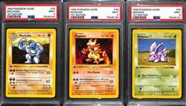 Lot of (3) 1999 1st Edition Base Set Shadowless Pokemon Cards All Graded PSA 9 inc. Machoke, Mamar, Nidoran