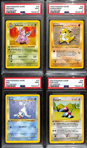 Lot of (4) 1999 1st Edition Base Set Shadowless Pokemon Cards All Graded PSA 9 inc. Nidorino, Sandshrew, Seel, Porygon