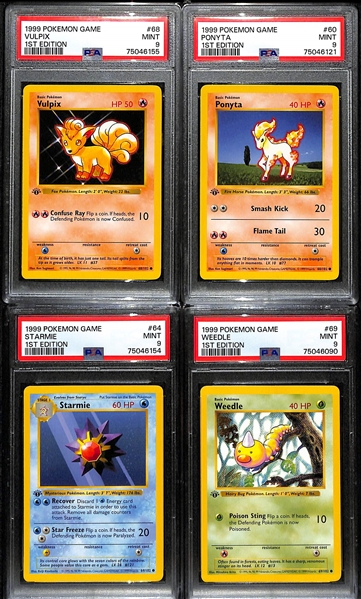 Lot of (4) 1999 1st Edition Base Set Shadowless Pokemon Cards All Graded PSA 9 inc. Vulpix, Ponyta, Starmie, Weedle