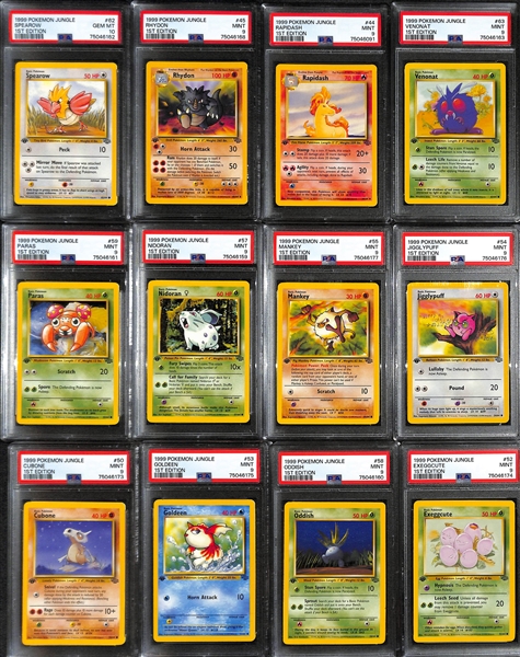 Lot of (12) PSA Graded 1999 1st Edition Jungle Pokemon Cards inc. Spearow (PSA 10), Rhydon (PSA 9), Rapidash (PSA 9), Venonat (PSA 9), + 