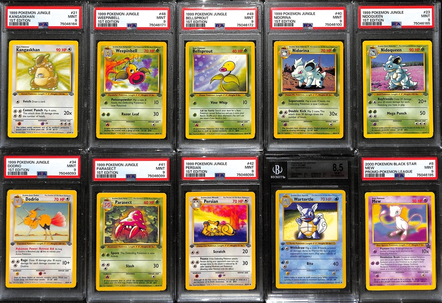 Lot of (10) Graded 1999 and 2000 Pokemon Cards w/ Mostly 1st Edition Jungle Cards inc. 1st Edition Jungle Kangaskhan (PSA 9), 1st Edition Jungle Weepinbell (PSA 9), +