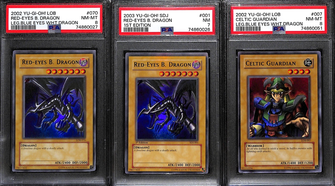 Lot of (3) 2002 and 2003 YU-GI-OH! PSA Graded Cards inc. 2002 Red-Eyes Black Dragon (PSA 8), 2003 1st Edition Red-Eyes Black Dragon (PSA 7), 2002 Cletic Guardian (PSA 8)