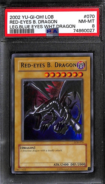 Lot of (3) 2002 and 2003 YU-GI-OH! PSA Graded Cards inc. 2002 Red-Eyes Black Dragon (PSA 8), 2003 1st Edition Red-Eyes Black Dragon (PSA 7), 2002 Cletic Guardian (PSA 8)