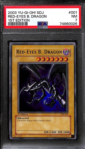 Lot of (3) 2002 and 2003 YU-GI-OH! PSA Graded Cards inc. 2002 Red-Eyes Black Dragon (PSA 8), 2003 1st Edition Red-Eyes Black Dragon (PSA 7), 2002 Cletic Guardian (PSA 8)