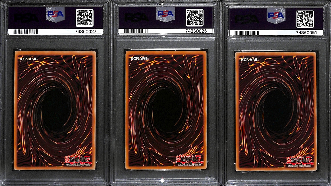 Lot of (3) 2002 and 2003 YU-GI-OH! PSA Graded Cards inc. 2002 Red-Eyes Black Dragon (PSA 8), 2003 1st Edition Red-Eyes Black Dragon (PSA 7), 2002 Cletic Guardian (PSA 8)