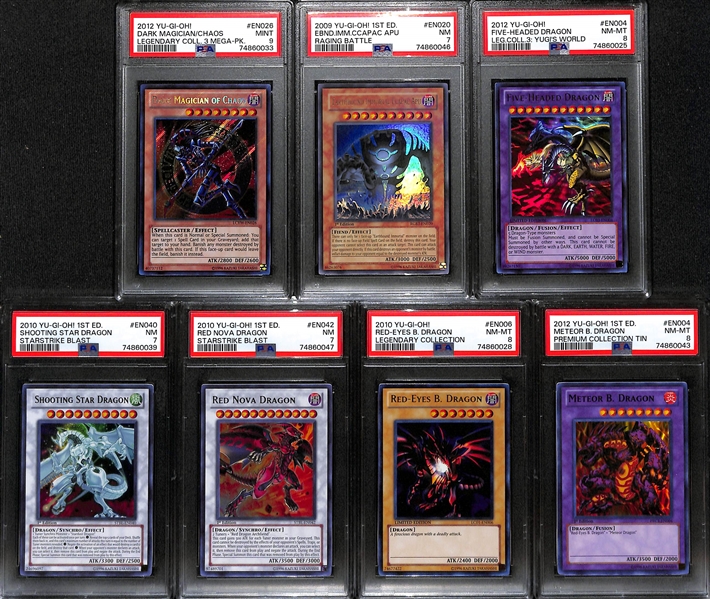 Lot of (7) PSA Graded YU-GI-OH! Cards inc. 2012 Legendary Collection Dark Magician of Choas (PSA 9), 2009 Raging Battle Earthbound Immortal Ccapac Apu (PSA 7), 2012 Legendary Collection Five-Headed...