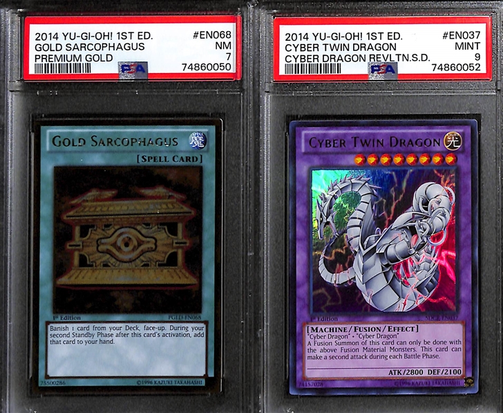 Lot of (6) PSA Graded 2013 and 2014 1st Edition Yu-Gi-Oh! Cards inc. 2014 Gold Sarcophagus Premium Gold (PSA 7), 2014 Cyber Dragon Revolution Cyber Dragon Twin (PSA 9), 2013 Legendary Collection...