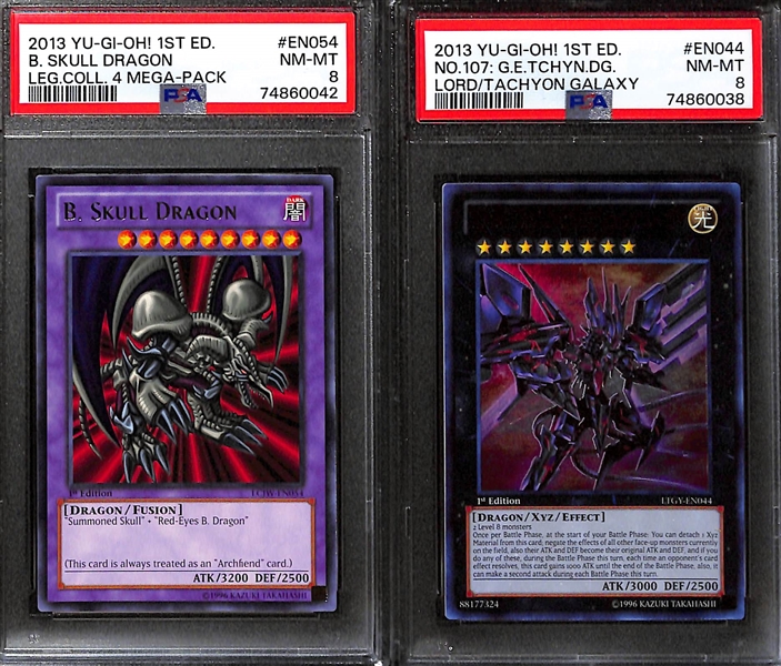 Lot of (6) PSA Graded 2013 and 2014 1st Edition Yu-Gi-Oh! Cards inc. 2014 Gold Sarcophagus Premium Gold (PSA 7), 2014 Cyber Dragon Revolution Cyber Dragon Twin (PSA 9), 2013 Legendary Collection...