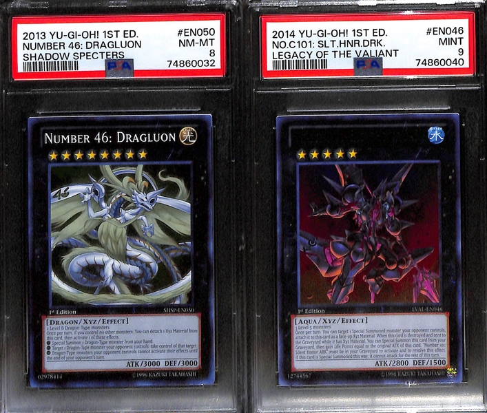 Lot of (6) PSA Graded 2013 and 2014 1st Edition Yu-Gi-Oh! Cards inc. 2014 Gold Sarcophagus Premium Gold (PSA 7), 2014 Cyber Dragon Revolution Cyber Dragon Twin (PSA 9), 2013 Legendary Collection...