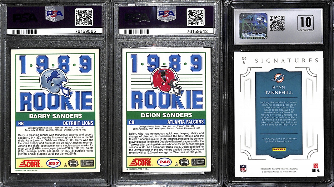 Lot of (15) Graded NFL Football Cards Inc. 1989 Score Barry Sander Rookie (PSA 7), 1989 Score Deion Sander Rookie (PSA 9), 2016 National Treasures Ryan Tannehill Autograph (CGC 10) (#/25), +