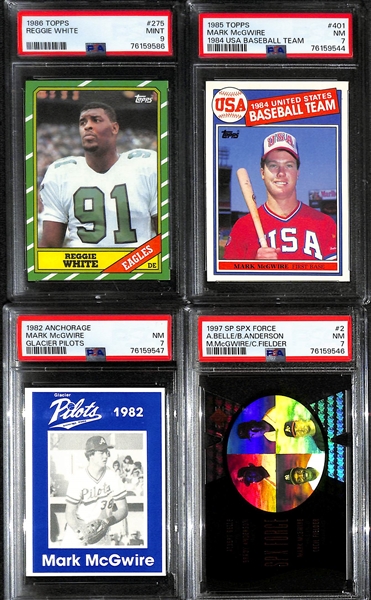 Lot of (4) PSA Graded Sports Cards inc. 1986 Topps Reggie White Rookie (PSA 9), 1985 Topps Mark McGwire Rookie (PSA 7), 1982 Anchorage Glacier Pilots Mark McGwire Rookie (PSA 7), +